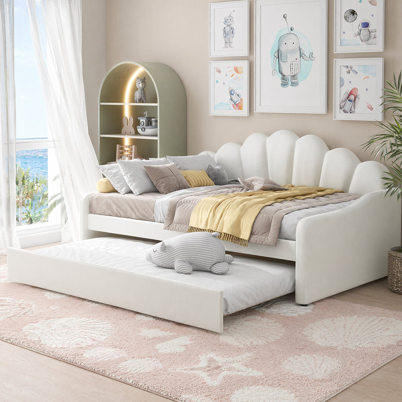 Full Size Upholstery Daybed Frame with Shall Shaped Backrest and Trundle Guest Bed, White, Full
