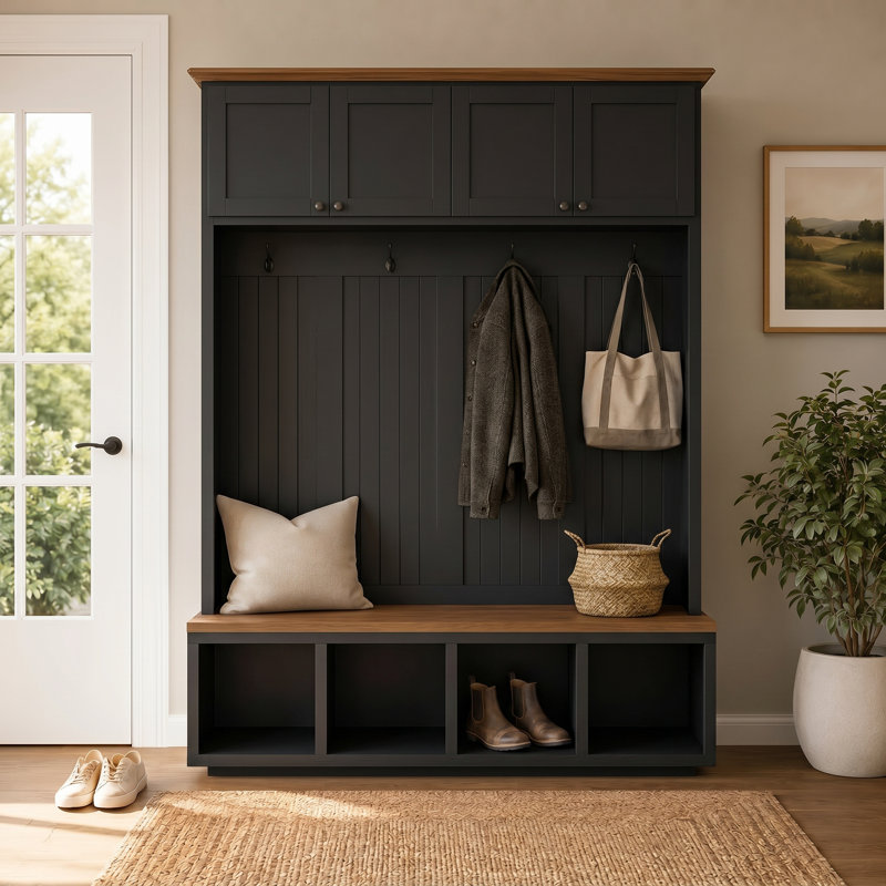 Arbre d'entrée de 59 po de largeur avec banc et 4 armoires de rangement supérieures, portemanteau avec 4 crochets et compartiments à chaussures pour le vestibule et le vestibule