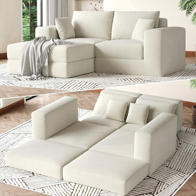 Canapé-lit modulaire de 80 po avec méridienne réversible pour petits espaces sans assemblage, Beige