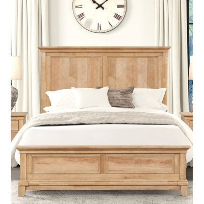 Grand cadre de lit grand style, couleur chêne naturel, tête de lit en planches, lit en bois avec motif, bois d'ingénierie et bois d'hévéa