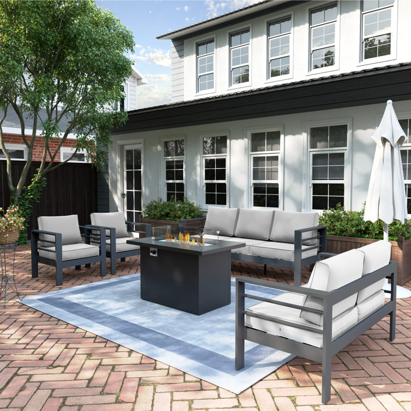 7-Person Sofa Seating Group With Fire Pit Table, Light Gray, Gray