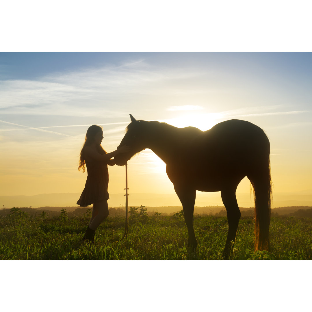 Junge Frau und ihr Pferd im Sonnenuntergang von Maica - Drucken