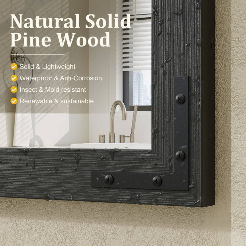 Amara Rustic Farmhouse Solid Wood Framed Tempered Glass Wall Mirror with 5-Year Warranty, Black, 24" x 16"