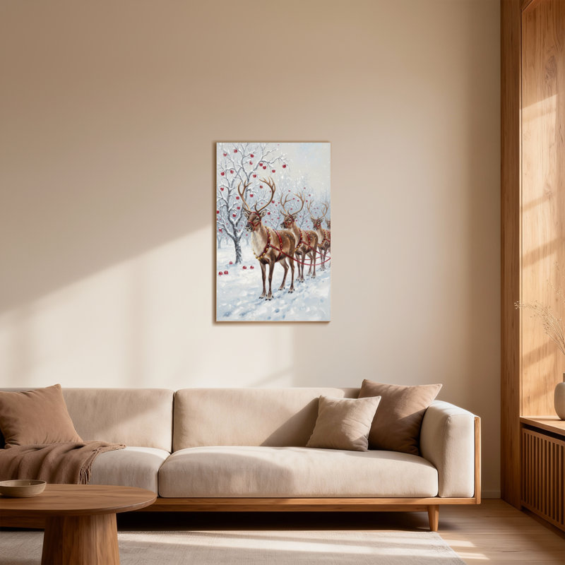 Animals Reindeer Pulling Sleigh In Snowy Forest