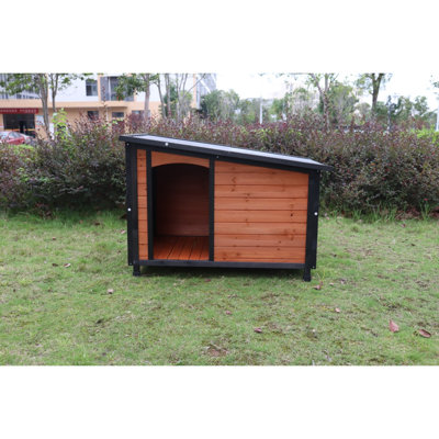 46"Dog House Outdoor & Indoor  Wooden Dog Kennel For Winter With Raised Feet Weatherproof For Large Dogs(Gold Red And Black)PVC Waterproof Roof(L)