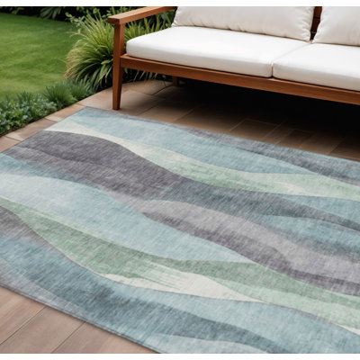 9' X 12' Teal Blue And Fern Green Abstract Washable Indoor Outdoor Area Rug