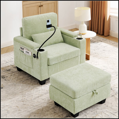 Fauteuil inclinable manuel avec support de téléphone à chargement USB, rangement dissimulé et repose-pieds assortis pour une détente optimale.