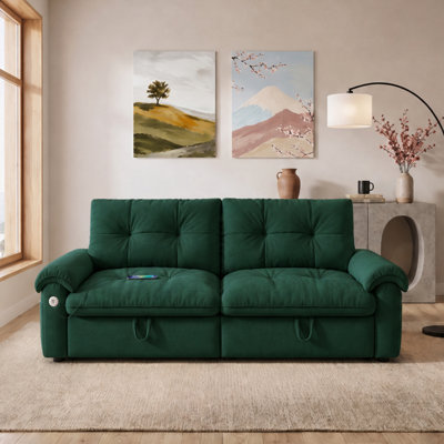 77"Wide Queen Pull Out Sofa Bed 3-in-1 Convertible Multi-Functional Couch with USB Charging Port and Stylish Velvet Loveseat, Green 