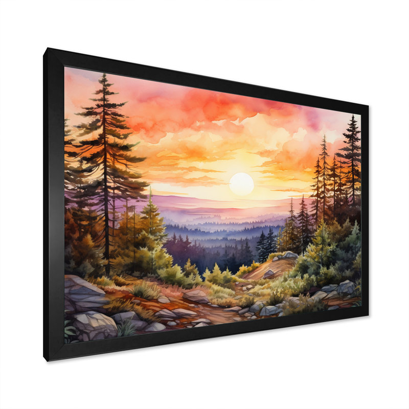 Pin, horizon rose sur toile, Cadre simple noir, H 12 po x l 20 po x P 1 po