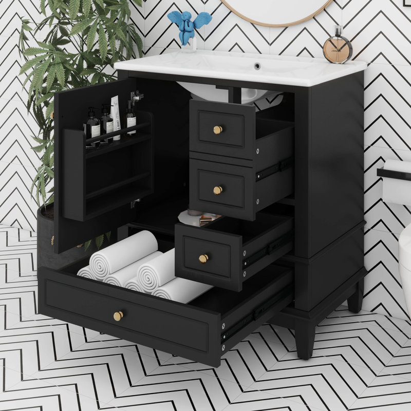 30" Bathroom Vanity With Ceramic Sink, Single Basin Vanity Set With One Door And Three Drawers, Solid Wood Storage Cabinet