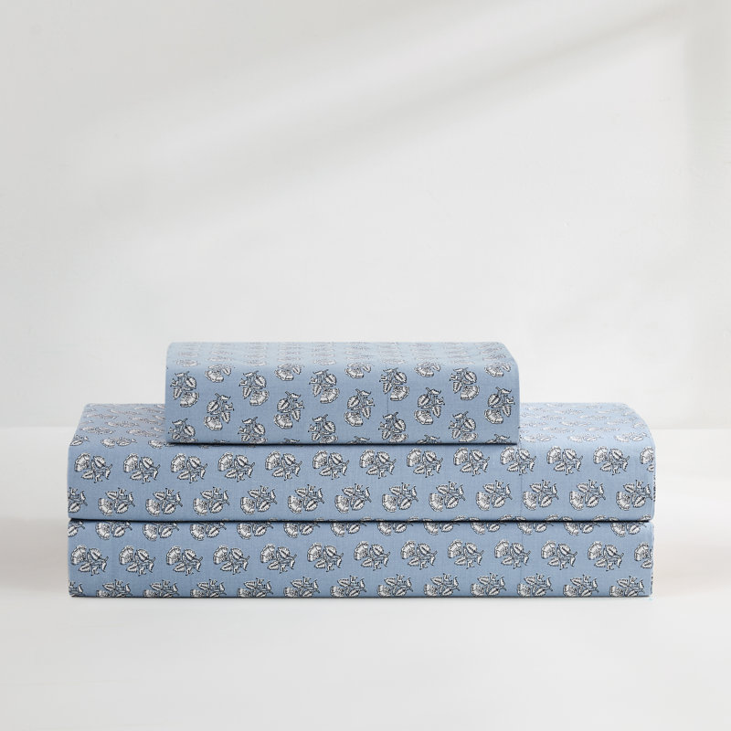 Freesia Cotton Sheet Set Blue, Twin Sheet Set with 1 Pilowcase