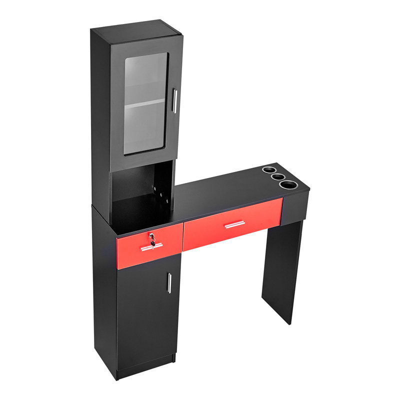 Poste de travail de salon, unité murale pour les professionnels de la coiffure, solution de rangement de style spa, comprend une armoire, 3 tablettes et 2 tiroirs (un avec serrure), en noir et rouge