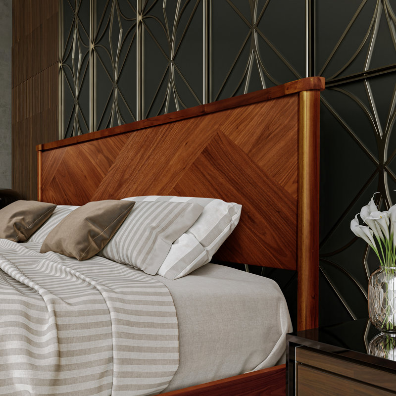 Base de lit en bois massif Panthera avec tête de lit à motif artistique, Grand, Noyer