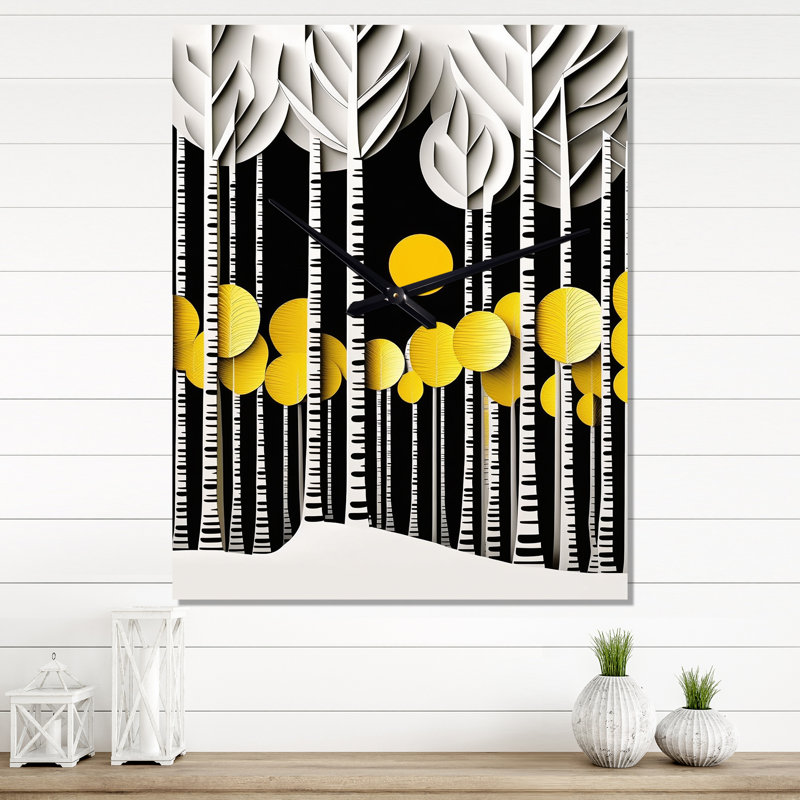 Abstrait plume de forêt jaune, minimalisme III - paysage, arbres, horloges murales, Grand