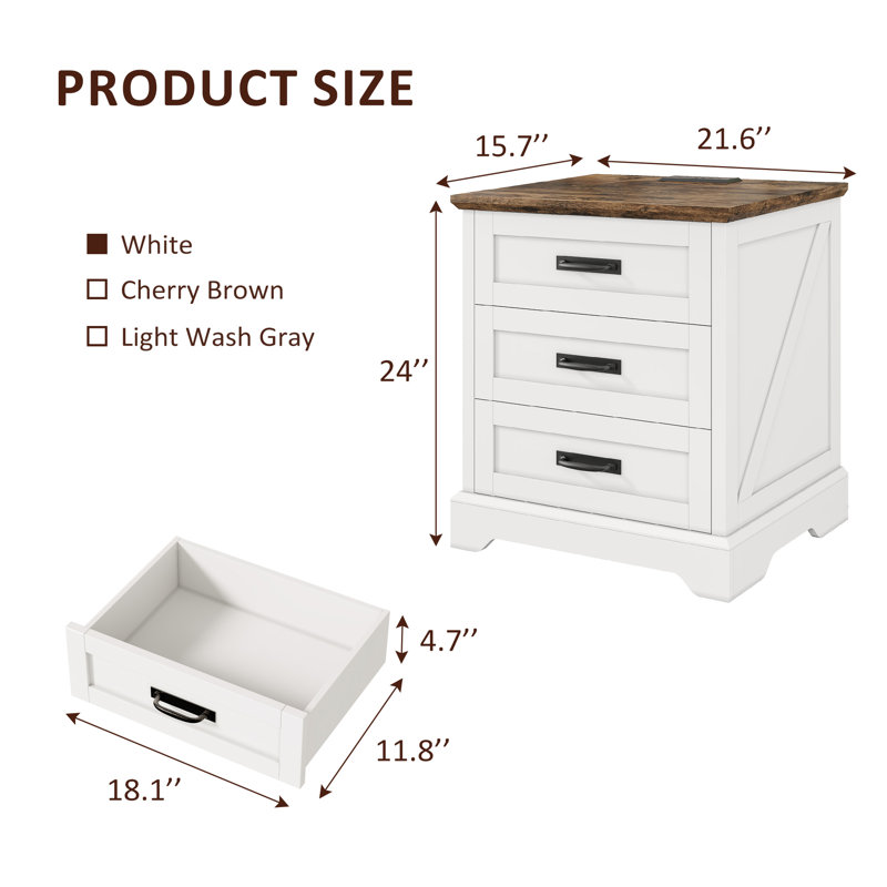 Farmhouse Nightstand with Charging Station, 3 Drawers Bedside Table, 22-inch Wide End Table for Bedroom, Living Room