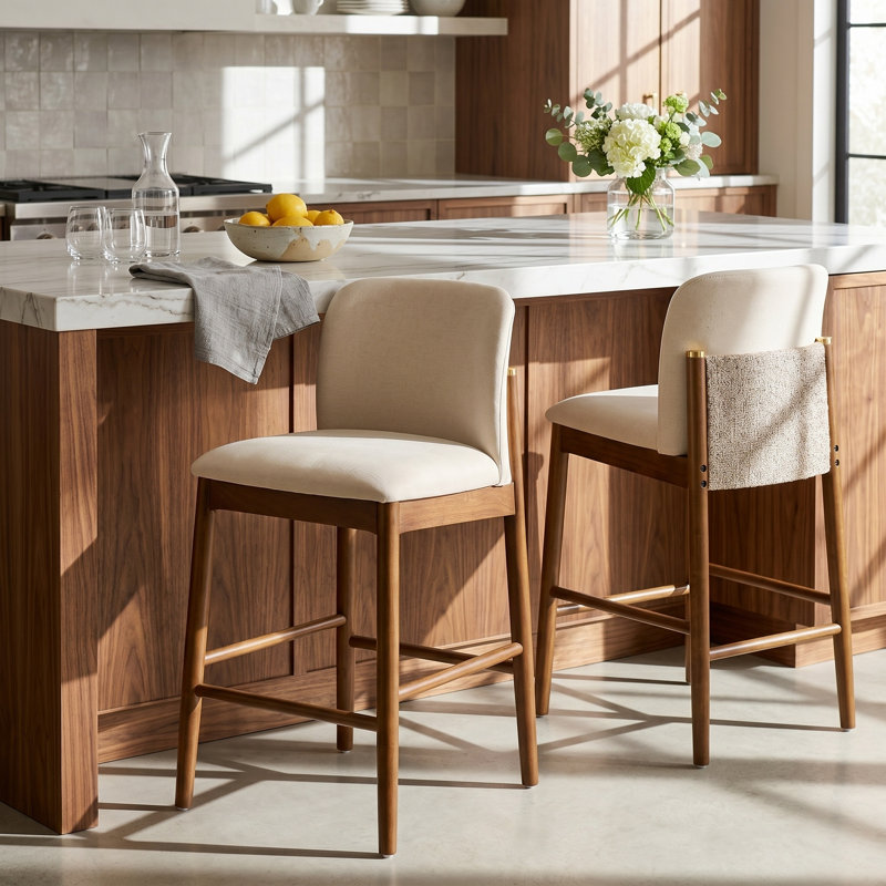 Tabouret de comptoir Linea, Coussin beige / structure en noyer