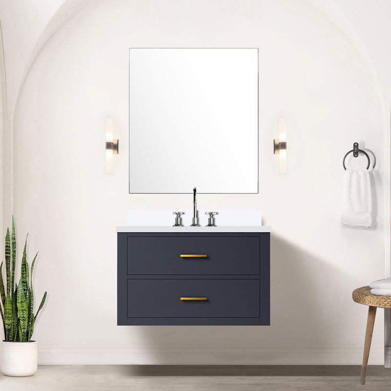 Meuble-lavabo bleu l 30 po x P 22 po, quartz blanc, 28 po Miroir et robinet inclus: salle de bain 30 22 D, comptoir en quartz et