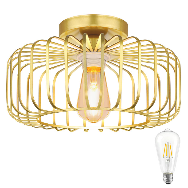 Modern Gold Metal Semi Flush Mount E27 Base Round Lampshade Ceiling Light for Kitchen, Hallway, Living Room, Bedroom, Dining Room