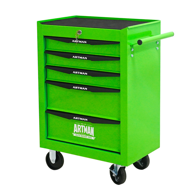 Coffre à outils roulant en métal à 5 tiroirs avec glissières à roulement à billes, armoire de rangement en acier verrouillable et mobile pour l'organisation de l'atelier.