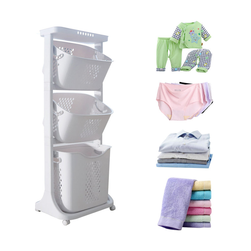 White 3-Tier Plastic Rolling Laundry Hamper with Wheels