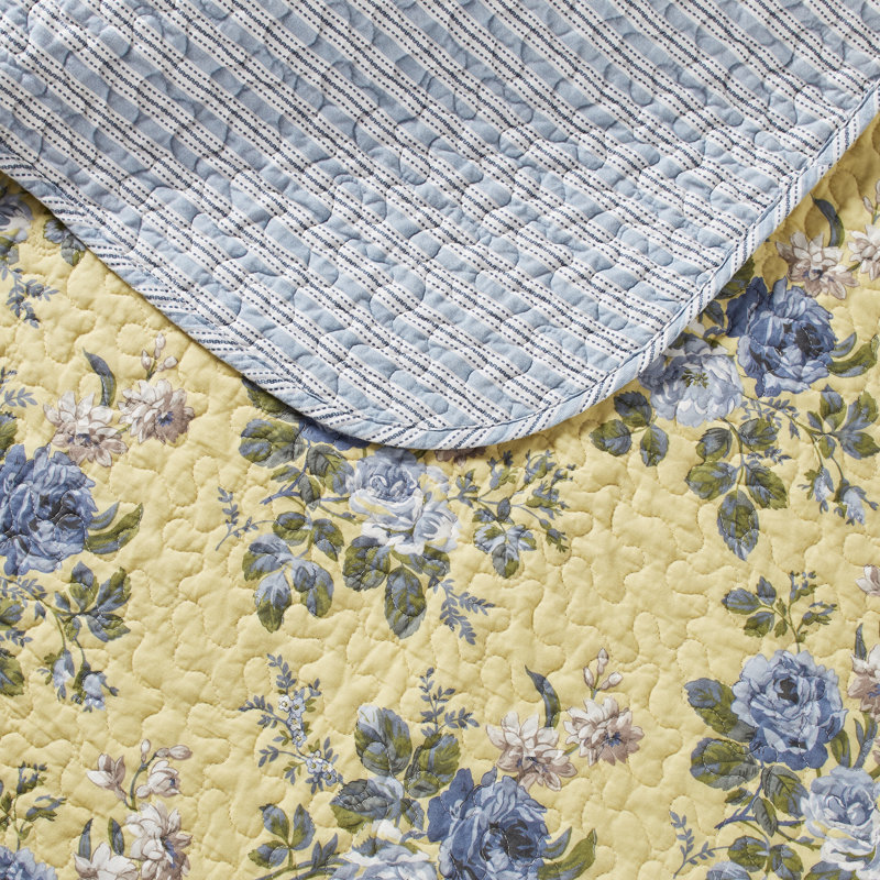 Ensemble de courtepointe réversible en coton jaune Laura Ashley Linley, Courtepointe double/grand et 2 taies décoratives