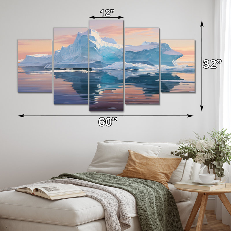 «Blue Peach Iceberg Frozen Serenity», impression sur toile de paysages - 5 panneaux