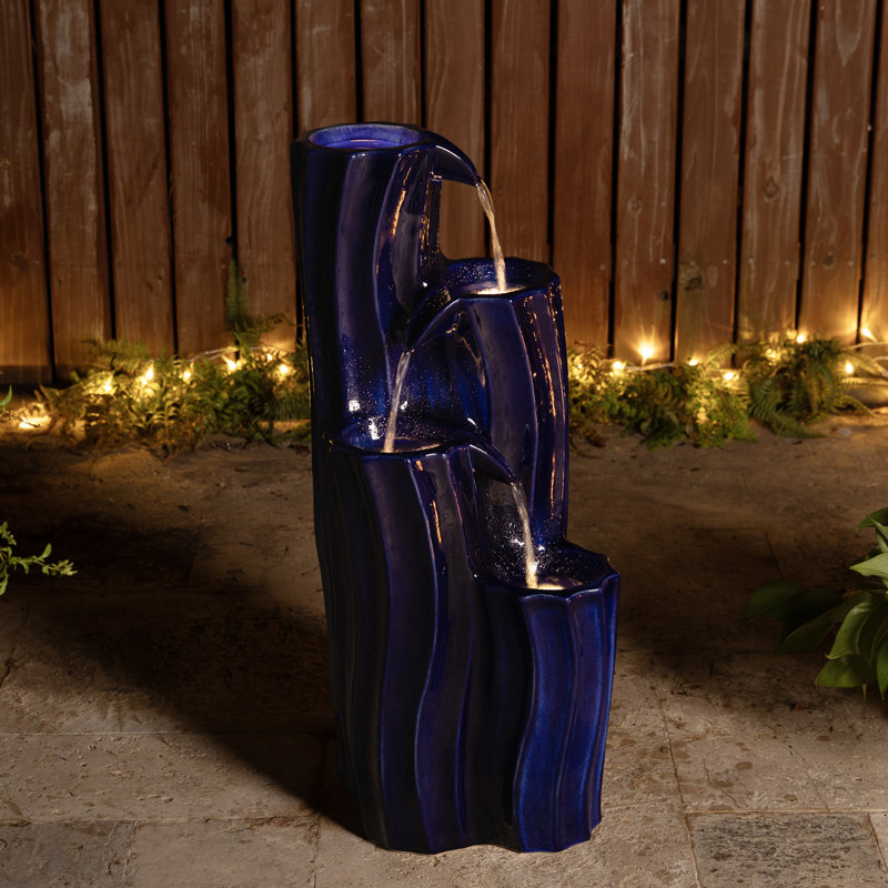 29.5"H 4-Tiered Cobalt Blue Wavy Texture Outdoor Ceramic Fountain With Pump And LED Light (KD), Cobalt Blue
