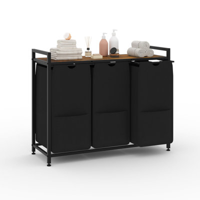 3 Section Laundry Sorter with Shelf, Triple Pull-Out Laundry Hamper Organizer with Removable Bags, Freestanding Metal Clothes Basket