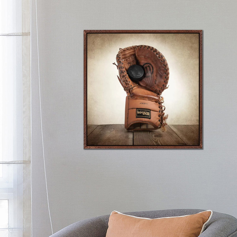 Hockey Goalie Mit - Print on Canvas, 66.04 cm H x 66.04 cm W, Classic Brown Wood Framed
