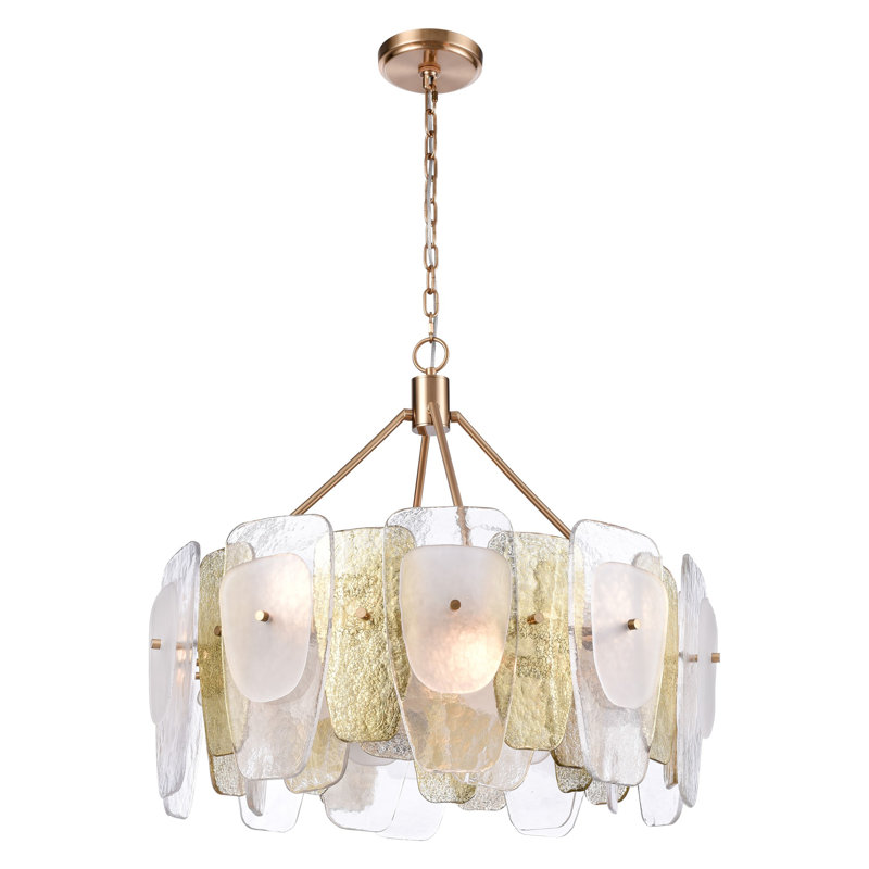 Lustre 29 pouces en or laqué Corry avec couches de verre transparent, givré et à feuille d'or