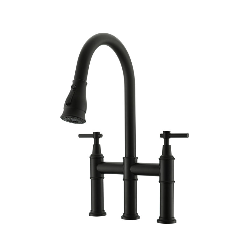 Pull Down Bridge Faucet with 2 Handles, Matte Black