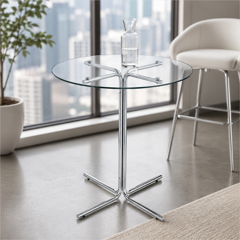 Table de bar ronde en verre 36 pouces avec base en acier argenté poli pour 4 petits espaces