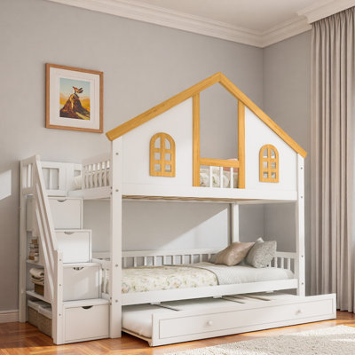 Lit superposé en bois avec escalier de rangement, lit gigogne, toit de maison et porte de fenêtre