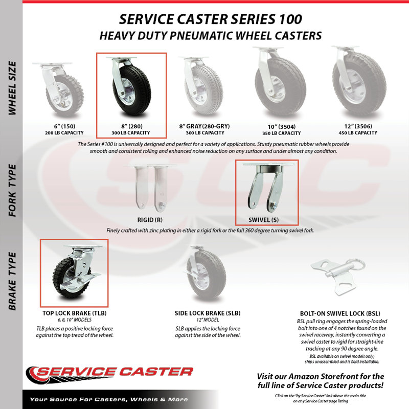 8 Inch  Pneumatic Wheel Caster Set 2 Swivel with Brakes and 2 Rigid SCC/SCC-100S280-PNB-TLB-2-R280-2