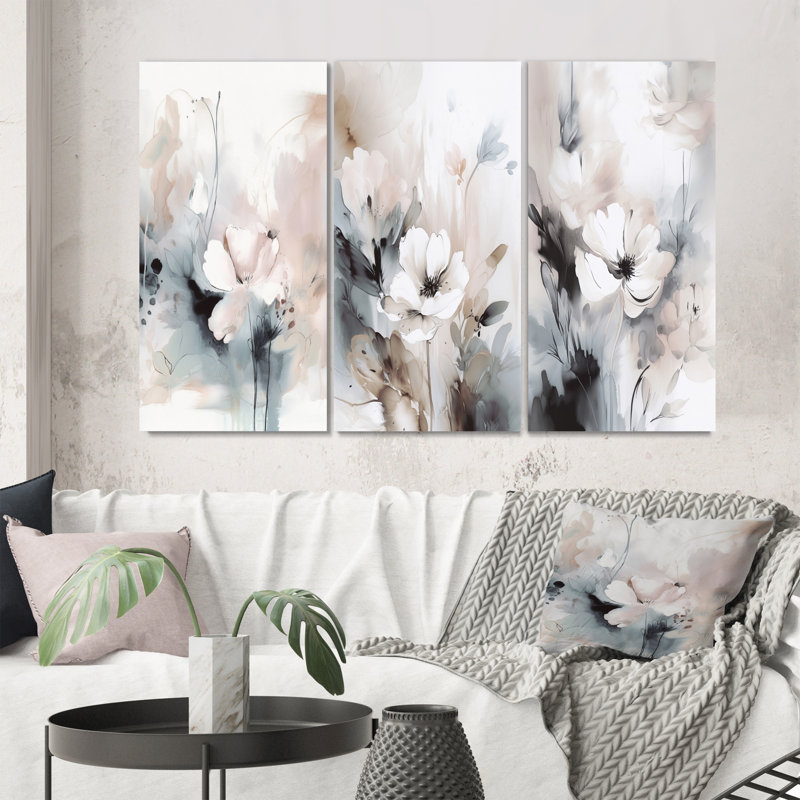 «Delicate Gray Flowers», 3 pièces sur toile, Toile tendue, H 28 po x l 36 po