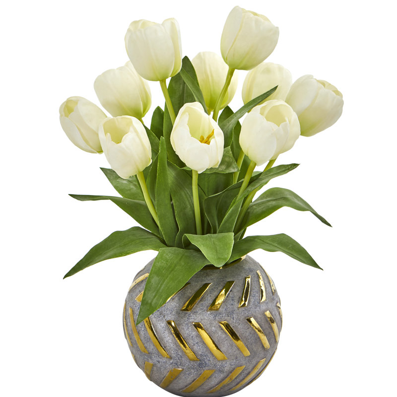 Tulip Artificial Arrangement In Decorative Vase, White