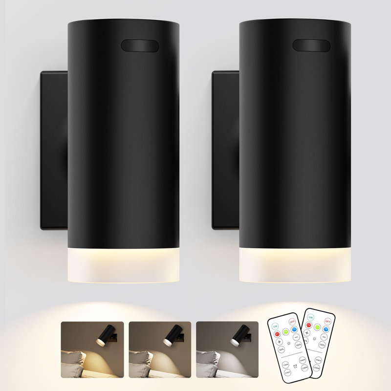 Ensemble de deux appliques murales à piles avec trois options de température de couleur - Appliques murales rechargeables sans fil à intensité variable avec boule magnétique pour la chambre à coucher, le chevet et le décor de lecture