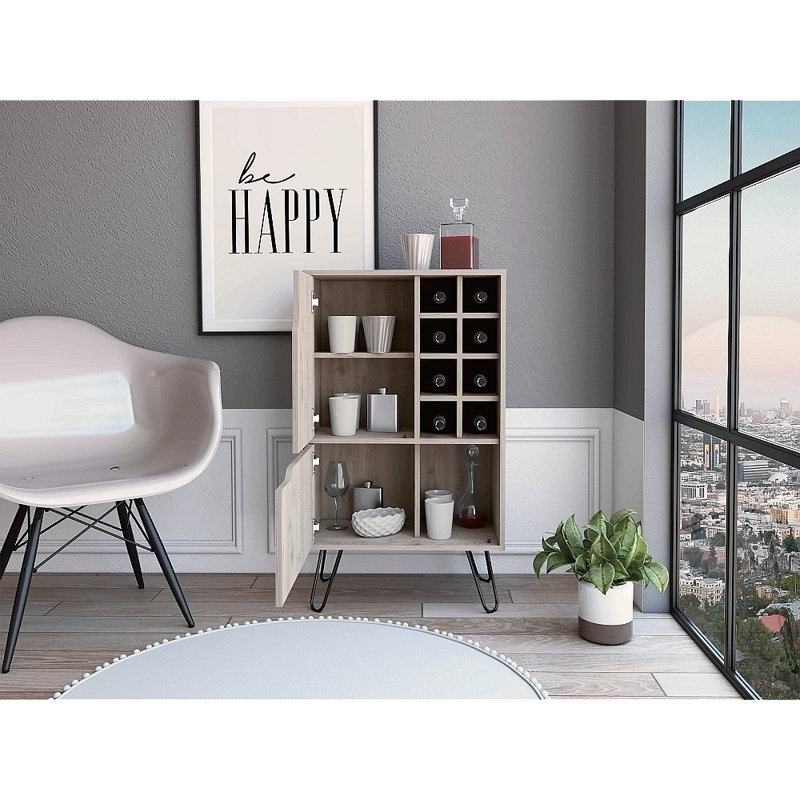 Armoire à porte simple en L, huit porte-bouteilles encastrés, quatre pieds