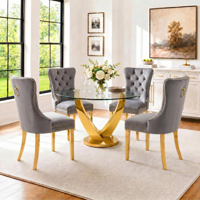 47.2" Modern Round Glass Dining Table Set for 4, Tempered Glass Table With 4 Upholstered Velvet Chairs, for Kitchen & Living Room
