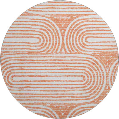 8' Salmon And Ivory Geometric Washable Round Rug With UV Protection