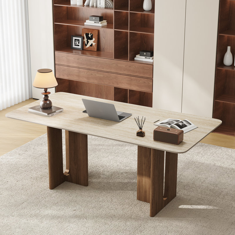 63" Modern Travertine Top Computer Desk, Rectangular Executive Desk With Swith Heavy-duty Dual Wooden Bases, Home Office Writing Desk