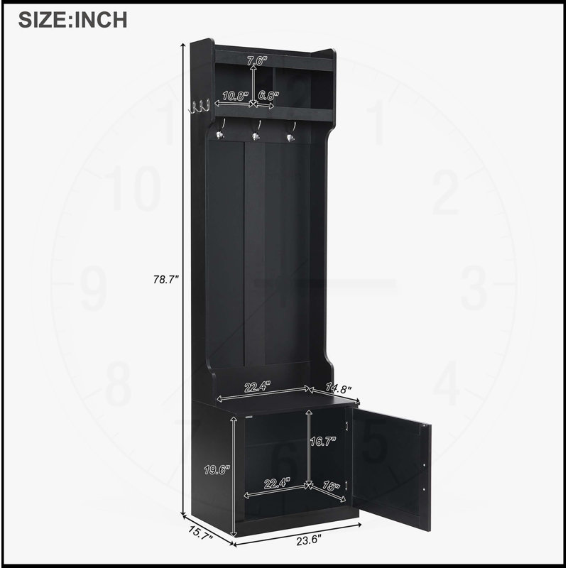 Minimalist Slim Hall Tree with Cabinet & 6 Hooks, Multi-functional Storage Bench for Small Spaces, Black, Black