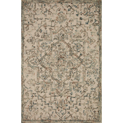 Tapis crème / brun / vert en laine crocheté à la main Enar