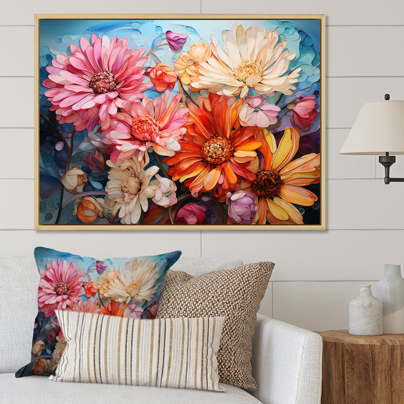 «Colorful Daisy Blossoming Abstraction I» sur toile imprimée, Cadre flottant blanc, H 20 po x l 12 po x P 1 po
