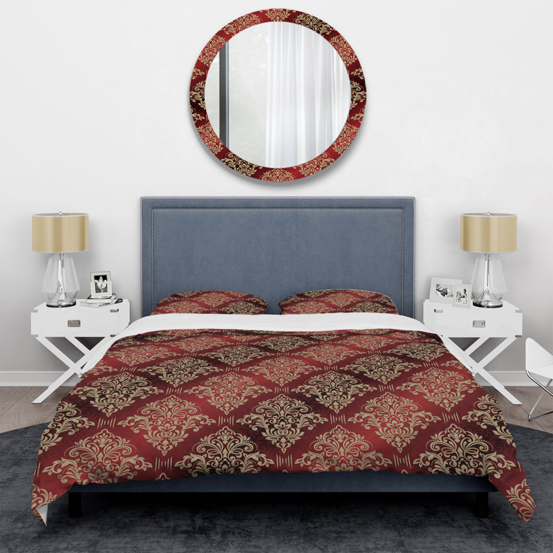 Red Damask Damask Duvet Cover, King Duvet Cover + 2 Shams