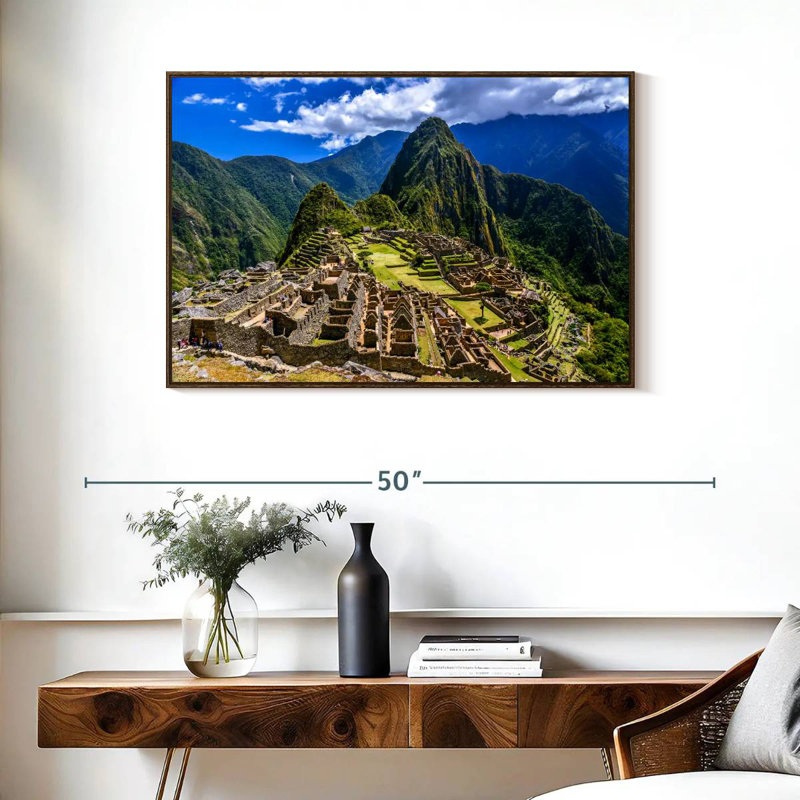 Restes du Machu Picchu, 37 po x 25 po, Cadre flottant en noyer