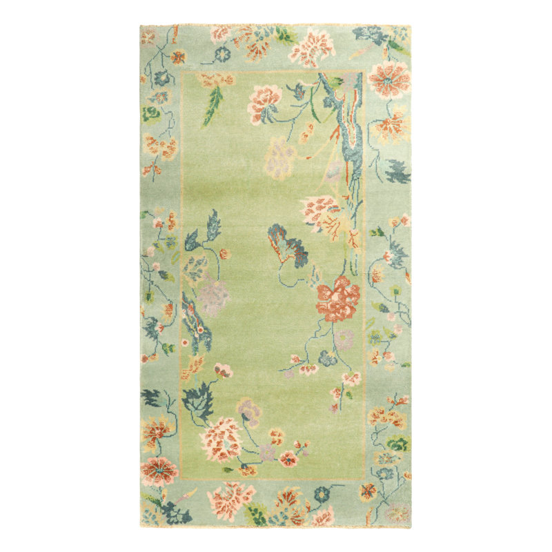 Rug & Kilim’S Chinese Art Deco Style Rug In Green And Blue With Floral Patterns