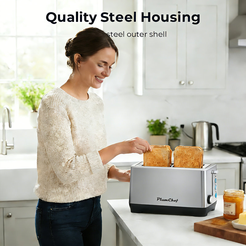 1500W 4-Slice Stainless Steel Toaster - Extra Wide Long Slot , 6 Browning Settings, Bagel/Defrost/Reheat Functions, Removable Crumb Tray, Silver