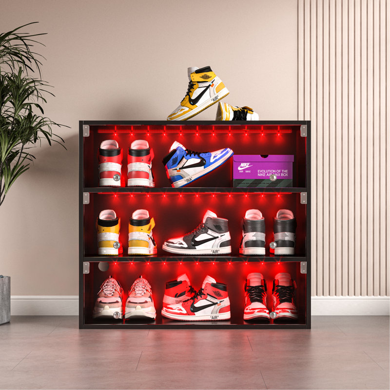 Boîte à chaussures à DEL avec trois couches et portes en verre, Noir