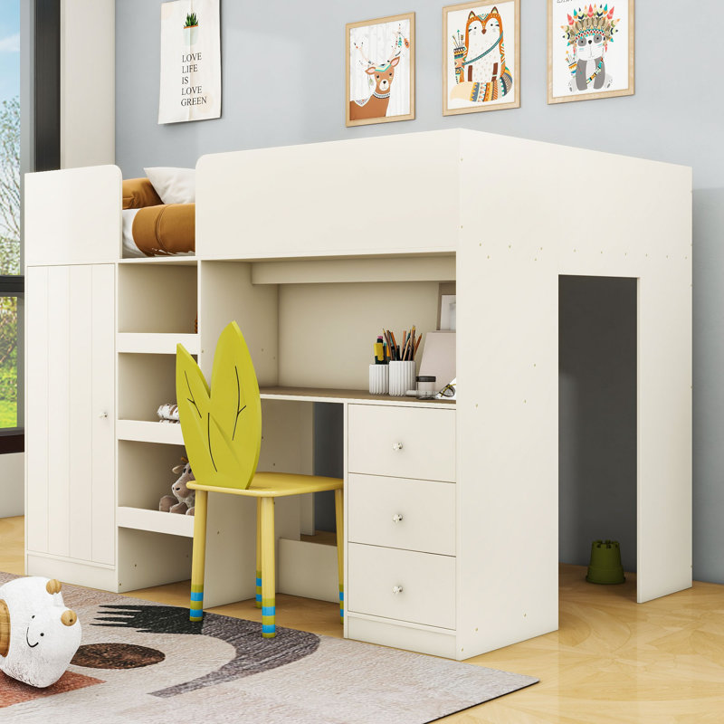 Lit mezzanine 3 tiroirs en bois avec garde-robe, bureau et tablettes, Beige